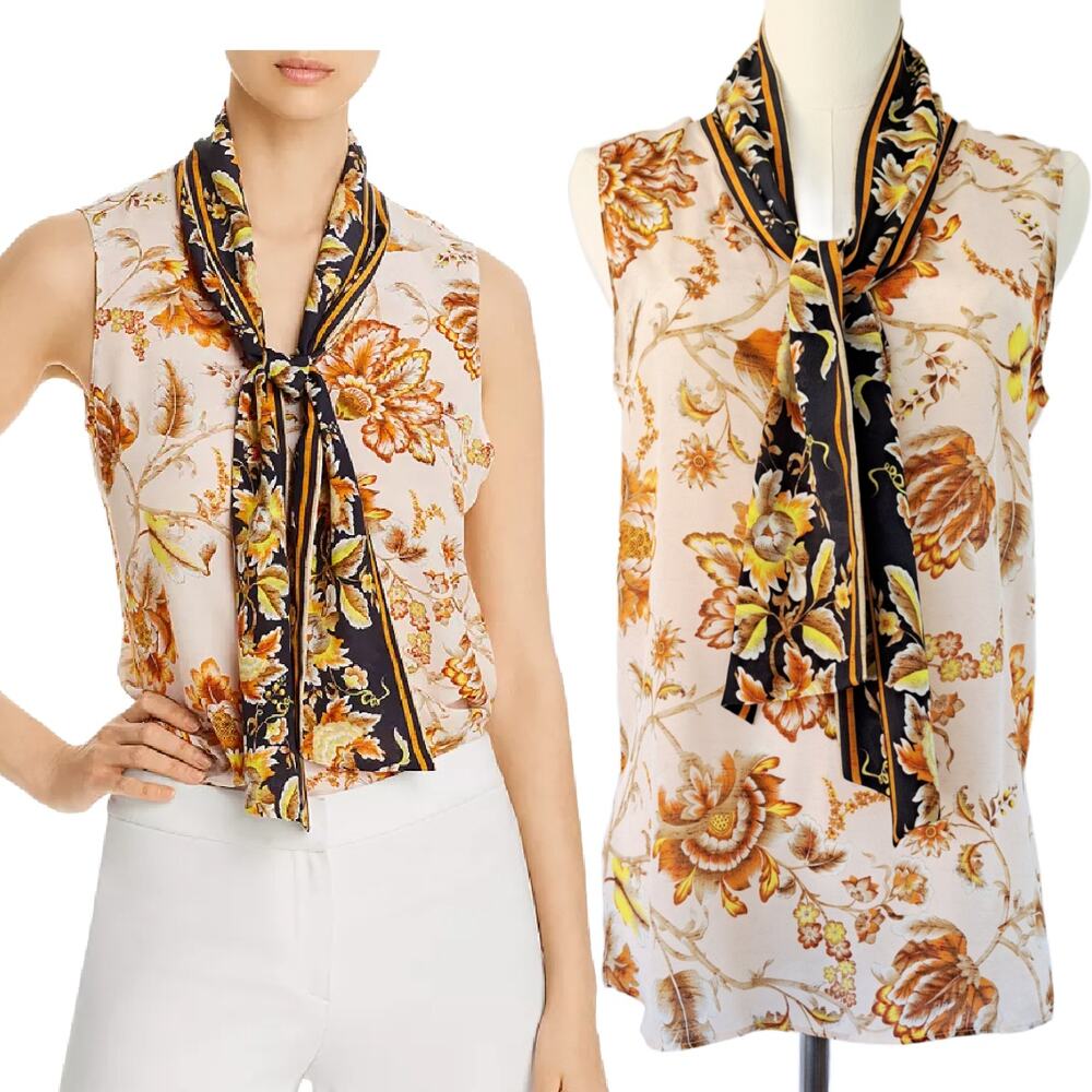 KOBI HALPERIN Alix Silk Tie Neck Sleeveless Blouse Top XS Antique Ivory Floral